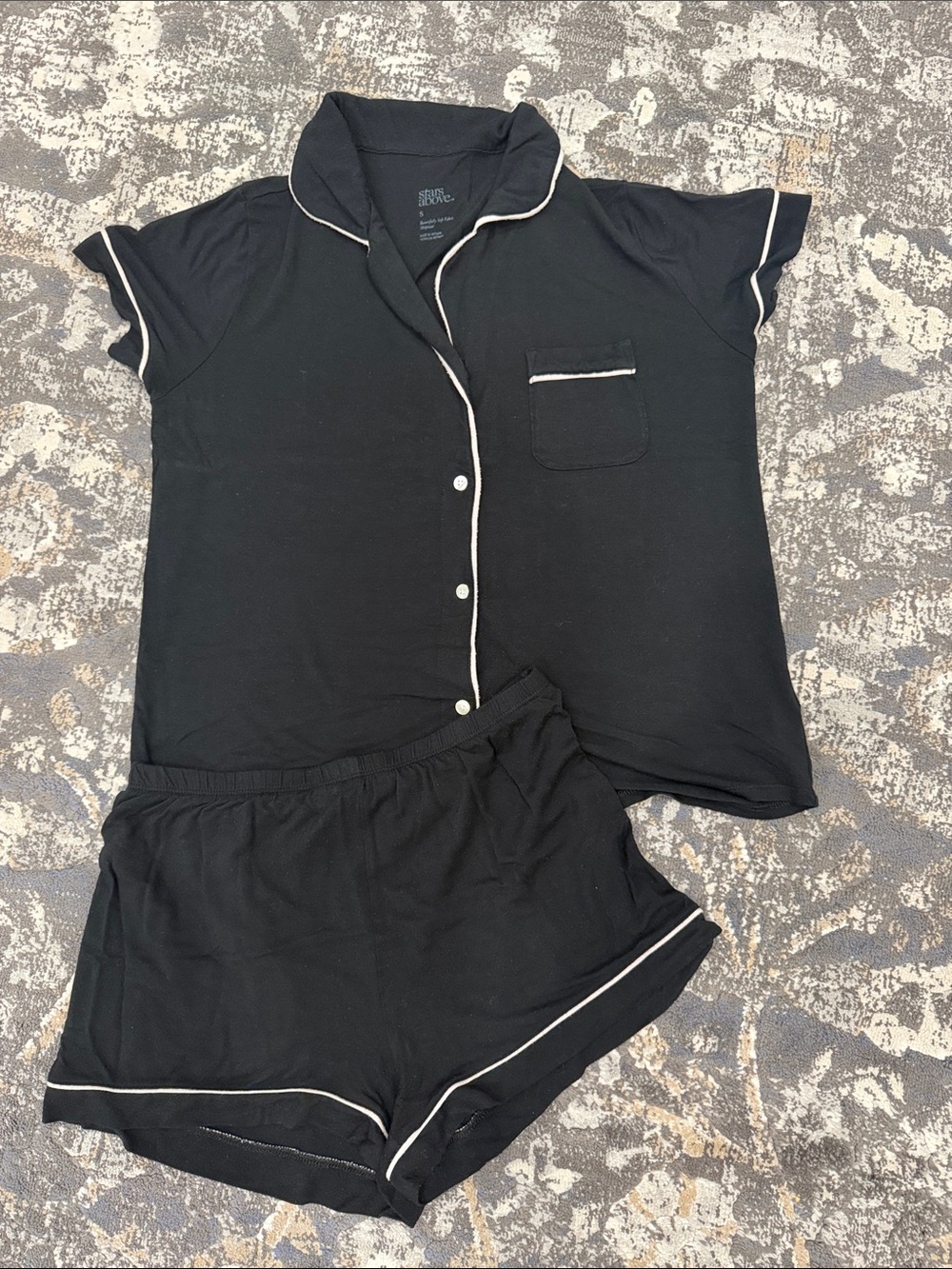 stars above Black Short Sleeve Button Pajama Set with White Piping